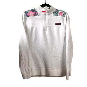 Vineyard Vines Womens M White 1/4 Zip Pullover With Floral Yoke Design 100% Cott